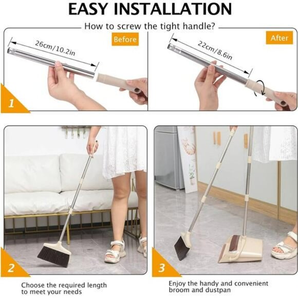 Long Handle Broom and Dustpan Set Upright Stand Pet Hair Kitchen Floor Cleaner - Picture 6 of 7